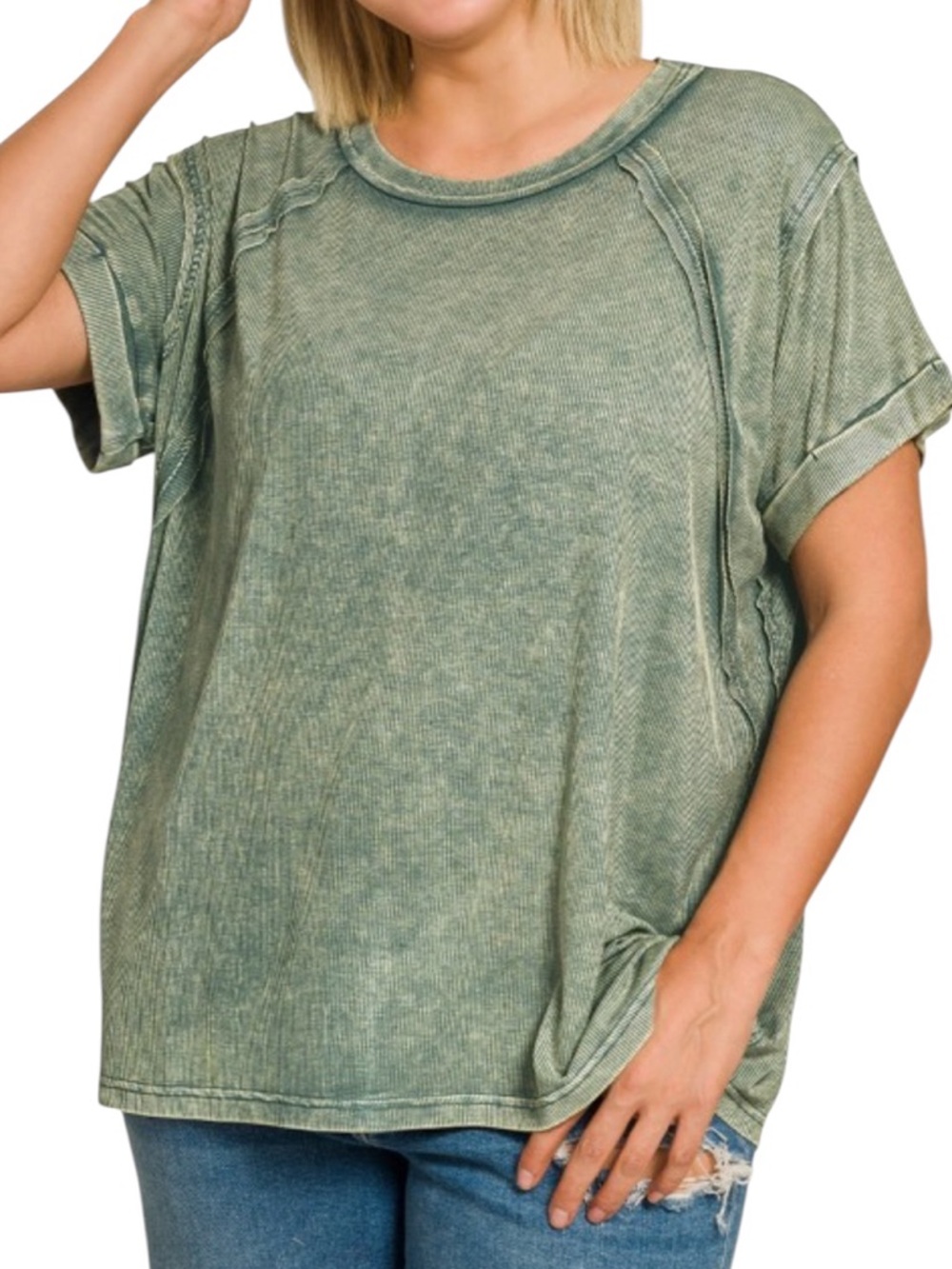 590. Plus Sage Green Acid Washed Ribbed Cuffed Short Sleeve Tee NEW